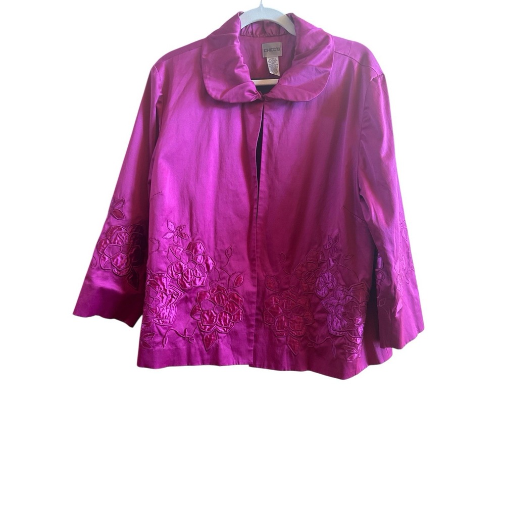 Chico's Raspberry Floral Embroidered Satin Woman's Size 3‎ Extra Large Jacket